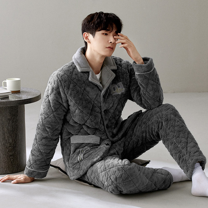 2025新款男士睡衣珊瑚绒三层夹棉加绒加厚可外穿秋冬季家居服套装