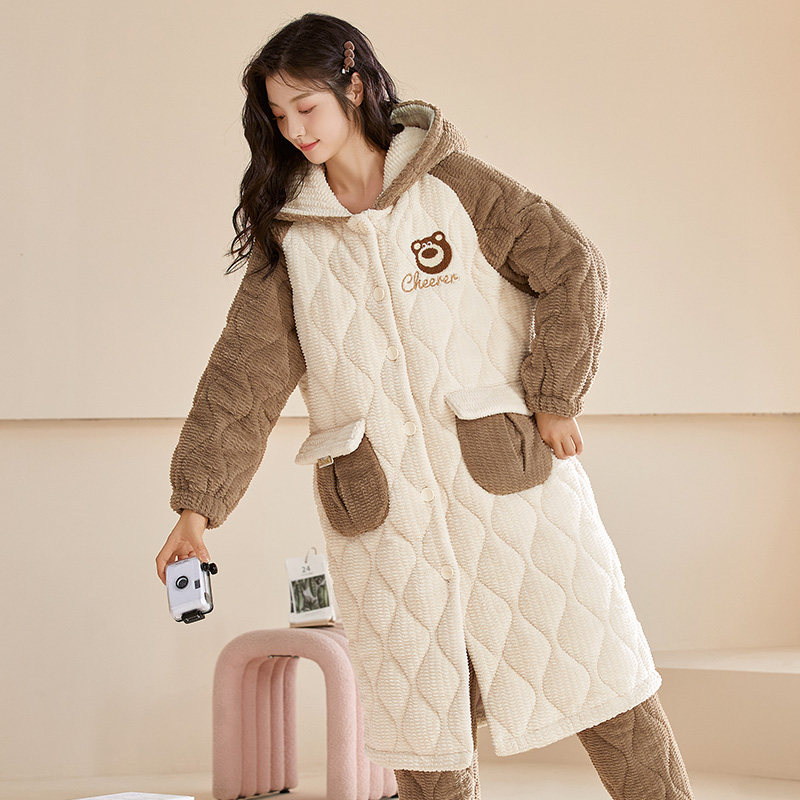 珊瑚绒三层夹棉睡衣女冬季加厚加绒套装可外穿睡袍甜美长款家居服