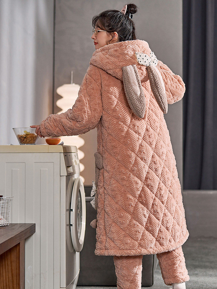 CORAL VELVET NIGHTGOWN WOMENS LONG AUTUMN AND WINTER THREE-LAYER PADDED JACKET THICKENED VELVET PAJAMAS WOMENS WINTER LOUNGEWEAR SET