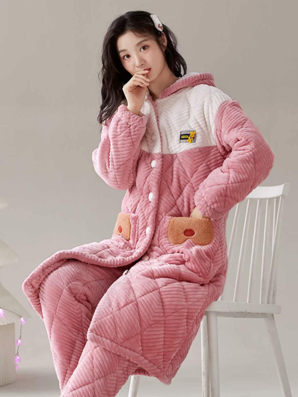 PAJAMAS WOMENS AUTUMN AND WINTER CORAL VELVET AND THICKENED THREE-LAYER PADDED DRESSING GOWNS WEAR SWEET AND CUTE HOODED LOUNGEWEAR