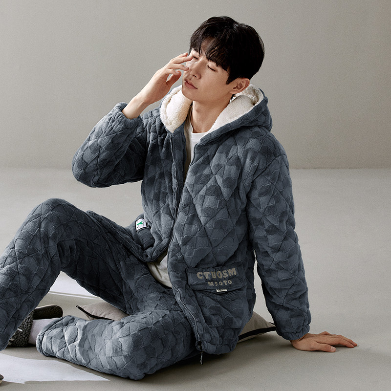 睡衣男冬季加厚加绒三层夹棉保暖珊瑚绒秋拉链连帽冬款男士家居服