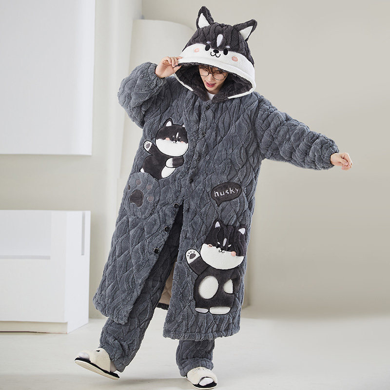 男士睡衣冬季三层夹棉珊瑚绒加厚加绒冬天男款睡袍卡通家居服套装