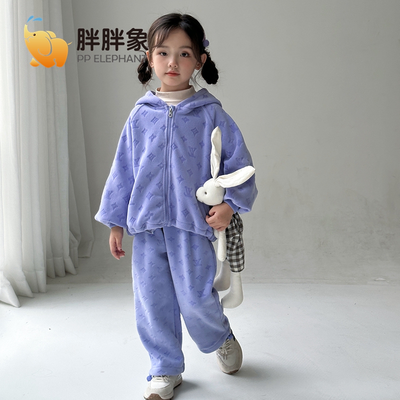 胖胖象秋冬季儿童中大童连帽毛毛衣套装男女童印花外套裤子两件套