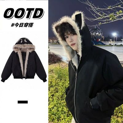 黑色羽绒棉服男女2025冬季新款座山雕猫耳朵连帽棉袄加厚棉衣外套
