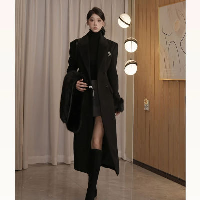 黑色显瘦毛呢外套2025冬季中长款收腰可拆卸毛毛呢子大衣女赫本风