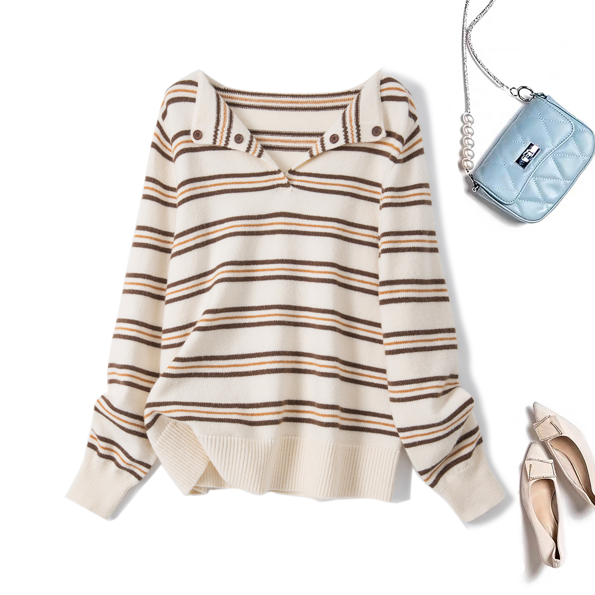 韩系软糯毛绒感条纹半开翻领毛衣女秋冬慵懒风宽松显瘦套头针织衫