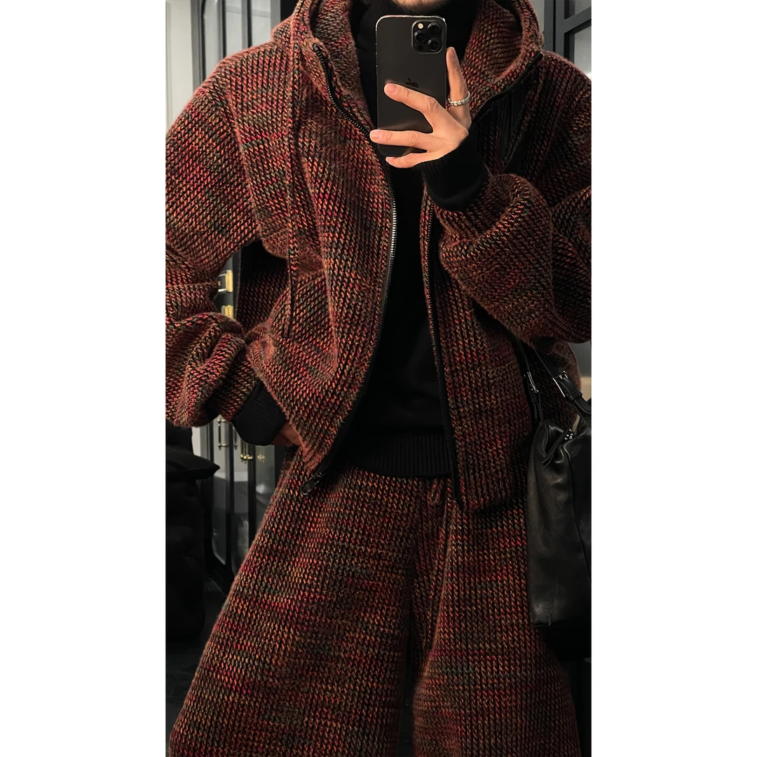 冬季新品美式复古设计感潮流针织百搭连帽卫衣宽松阔腿长裤套装