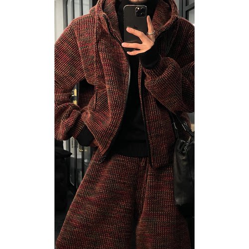 冬季新品美式复古设计感潮流针织百搭连帽卫衣宽松阔腿长裤套装