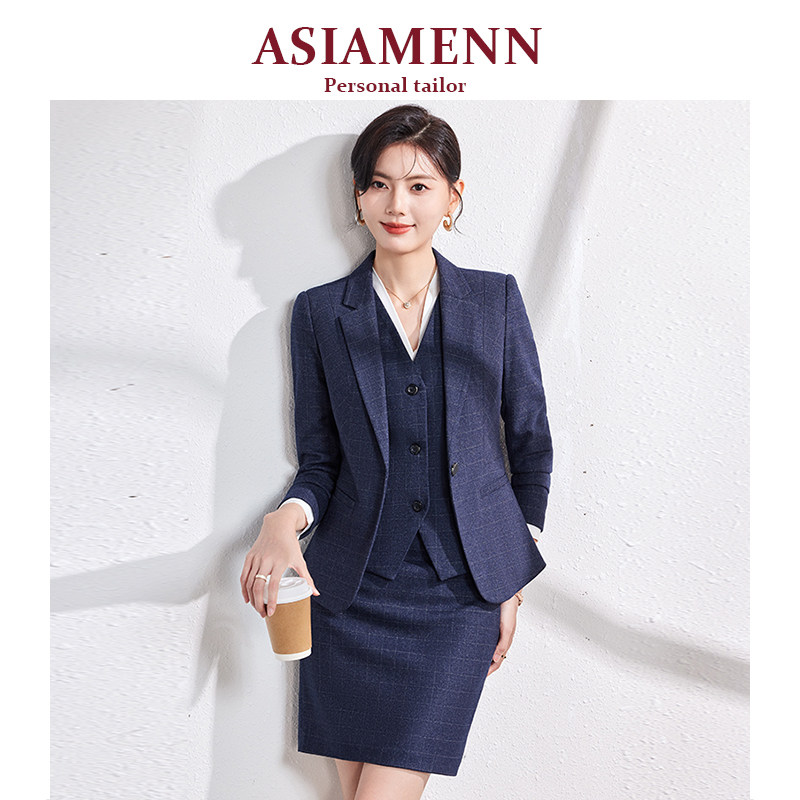 时尚格子西装外套女秋冬新款高级感职业正装酒店前台接待西服套装