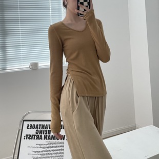 韩版女装新款春装秋冬T恤瑜伽上衣V领练功服侧开衩长袖舞蹈形体服