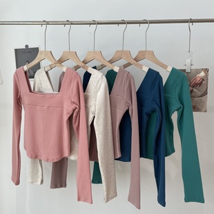 秋冬舞蹈上衣新款女装磨毛棉露背方领长袖T恤短款艺考基础形体服