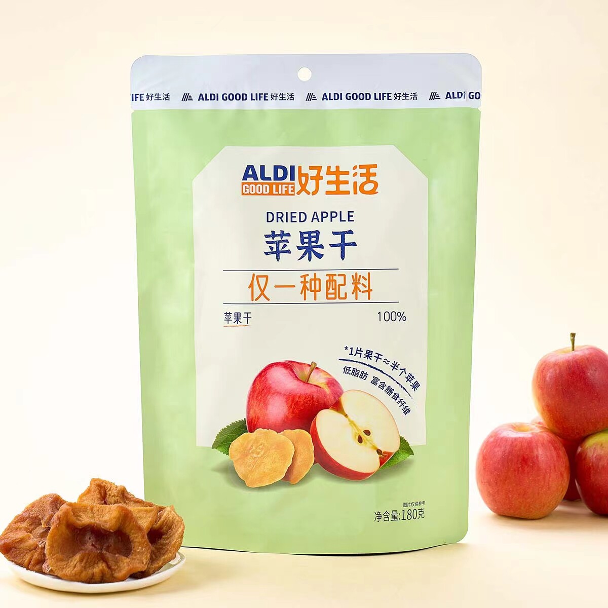 奥乐齐代购苹果干片片鲜切清甜细腻配料干净180g袋装即食果脯零食