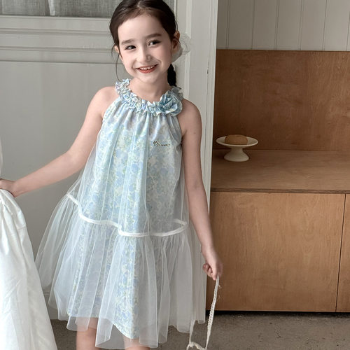迪士尼女童吊带连衣裙夏季新款碎花网纱裙中大童公主裙女孩长裙子
