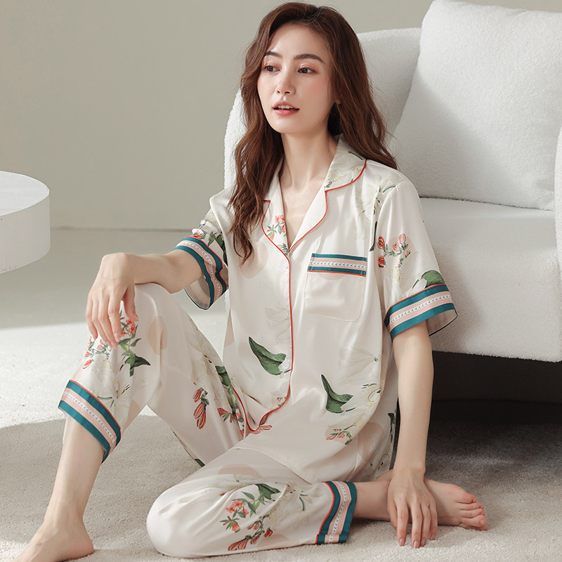 冰丝睡衣女士夏季2022年新款短袖长裤家居服夏天薄款仿真丝绸套装