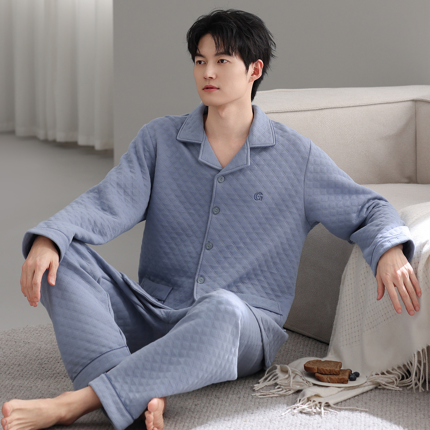 男士睡衣春秋加厚纯棉夹层长袖