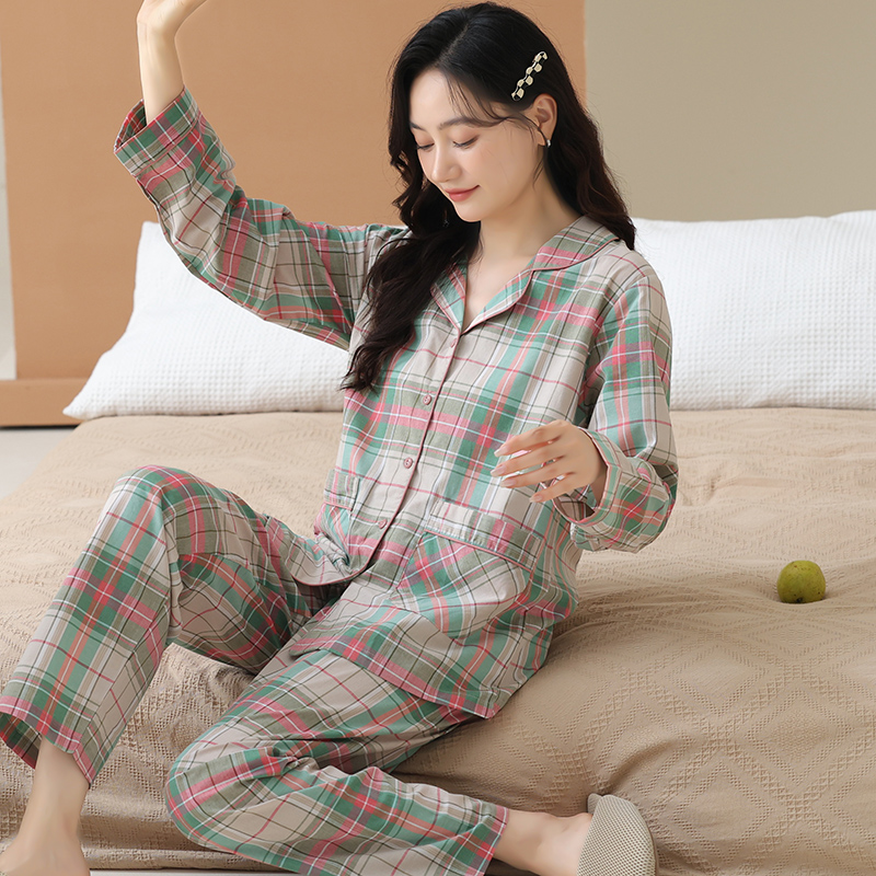 梭织棉纱布睡衣女士春秋长袖薄款纯棉家居服秋季中年妈妈格子套装