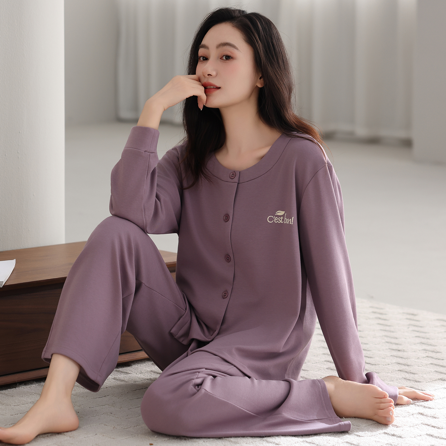 德绒睡衣女春秋加厚保暖长袖圆领