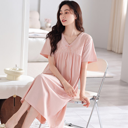 睡裙女夏季带胸垫纯棉短袖长款