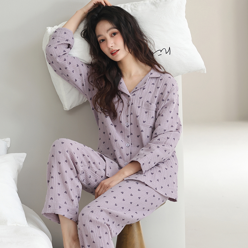 梭织棉纱布睡衣女春秋款长袖套装