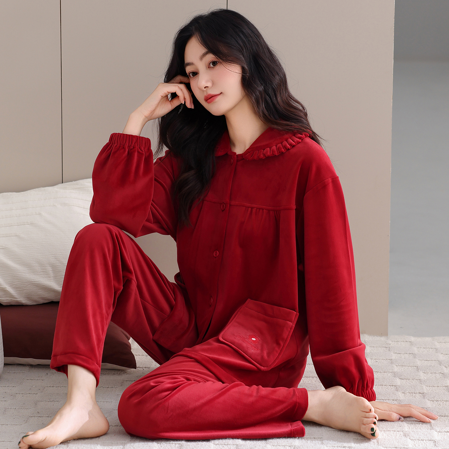 红色睡衣女春秋加厚海岛绒家居服