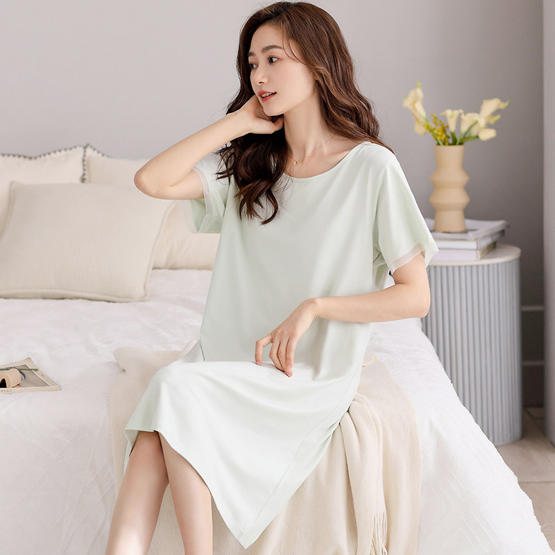 女士睡裙夏季莫代尔短袖薄款休闲简约睡衣夏天夏款女款冰丝居家裙