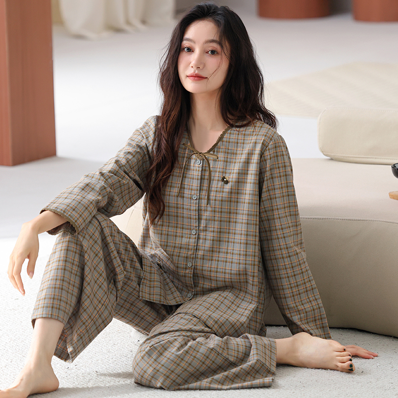 梭织棉纱布睡衣女春秋季纯棉长袖