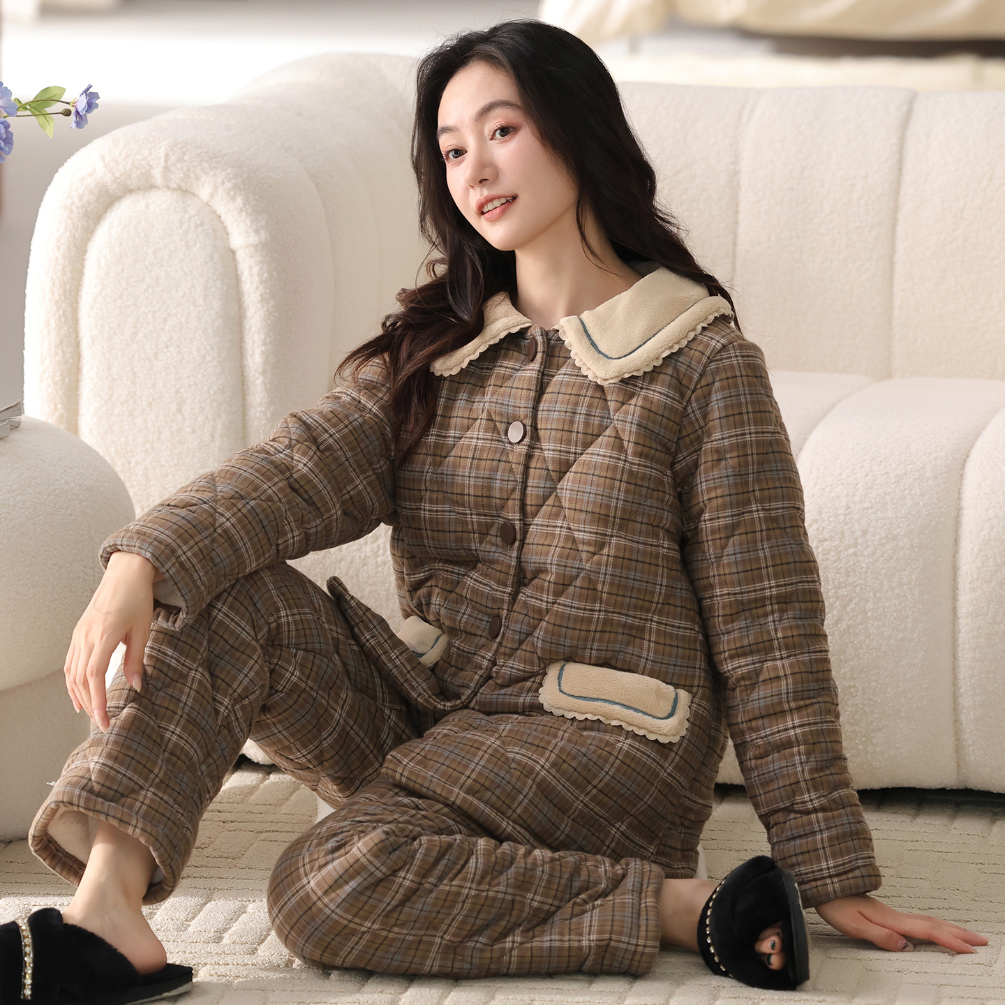 睡衣女冬季三层加厚加绒纯棉夹棉