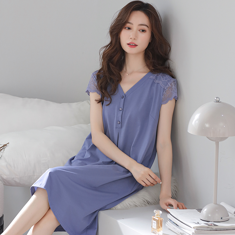 睡裙女夏季2023年新款莫代尔长裙睡衣短袖大码居家裙子V领家居服