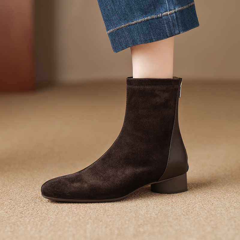 羊皮秋冬马丁靴粗跟女圆头短靴