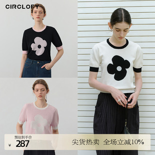 撞色刺绣花朵圆领短袖 CIRCLOFY瑟夕 t恤女休闲舒适百搭显瘦上衣