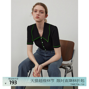 黑色体恤百搭上衣 CIRCLOFY瑟夕 翻领撞色短袖 针织t恤女夏季 新款