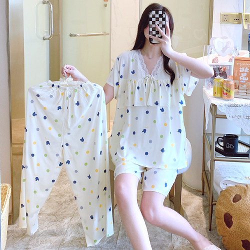 遮胸防凸点睡衣女夏季绵绸棉绸三件套可爱可外穿大码薄款夏天宽松