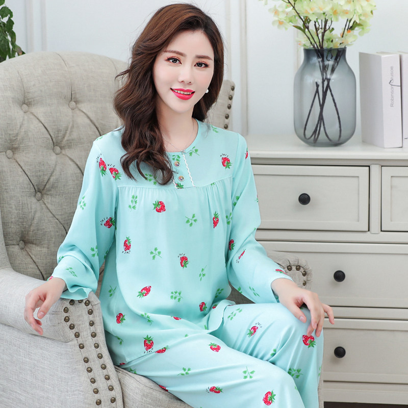 女睡衣夏季长袖棉绸套装宽松大码人造棉家居服韩版绵绸空调可外穿