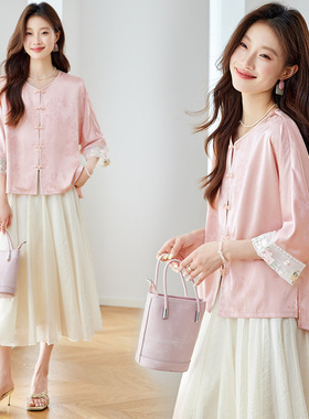 新中式国风缎面提花刺绣七分袖外套女2025夏季新款轻薄感上衣