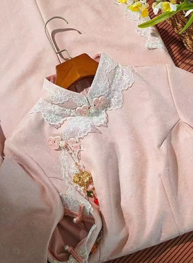 粉色倒大袖旗袍2025年春秋季新款改良年轻款感连衣裙