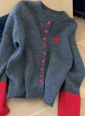 感超好看撞色开衫外套女2025秋冬季内搭上衣软糯独特灰色爱心