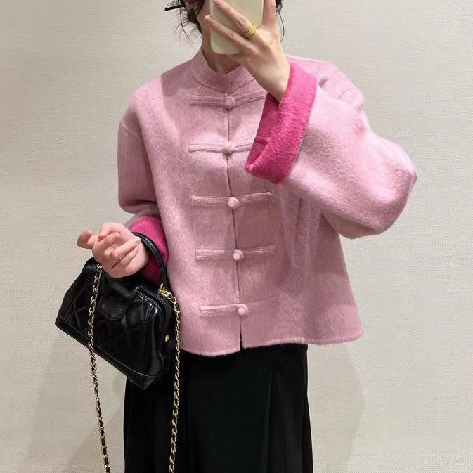 现货 SW风羊毛混纺新中式双面呢大衣外套女春季国风绿色短款上衣