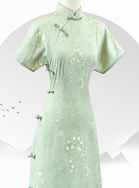 三分袖中长款旗袍2025年新款秋素雅复古连衣裙改良版年轻日常