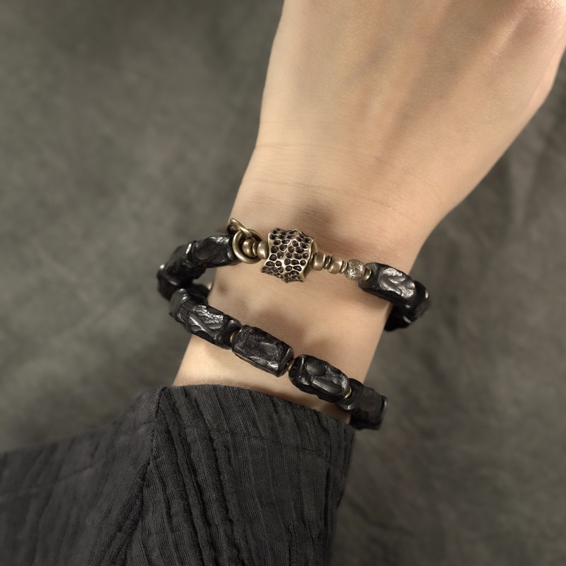 曲尾花原创手工雕刻纹理黑檀乌木手链 个性设计双圈质感手串男潮