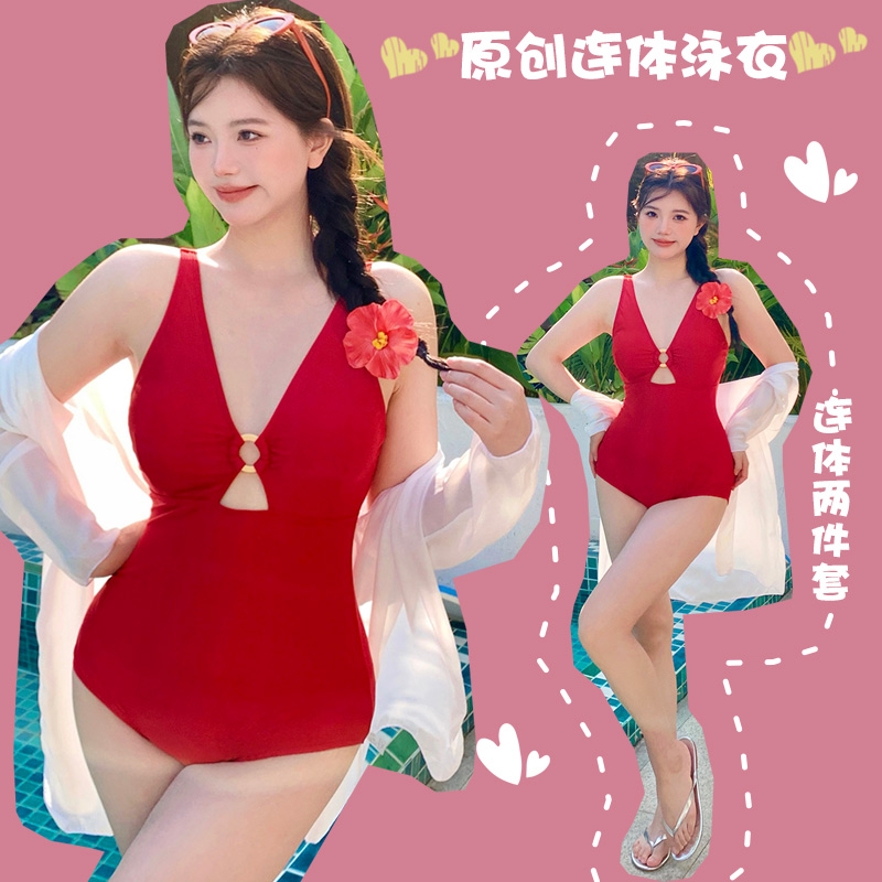 2025新款泳衣女连体三角镂空罩衫大码微胖mm显瘦度假温泉海边沙滩