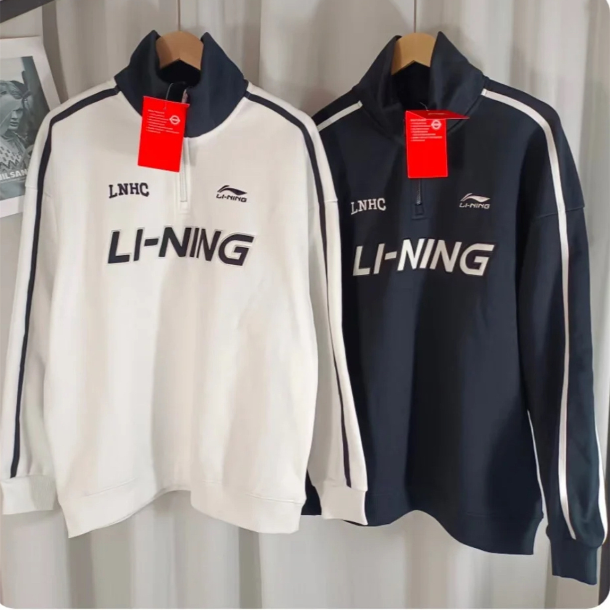 李宁卫衣男2025春季新款半拉链加绒套头衫女宽松翻领上衣情侣长袖