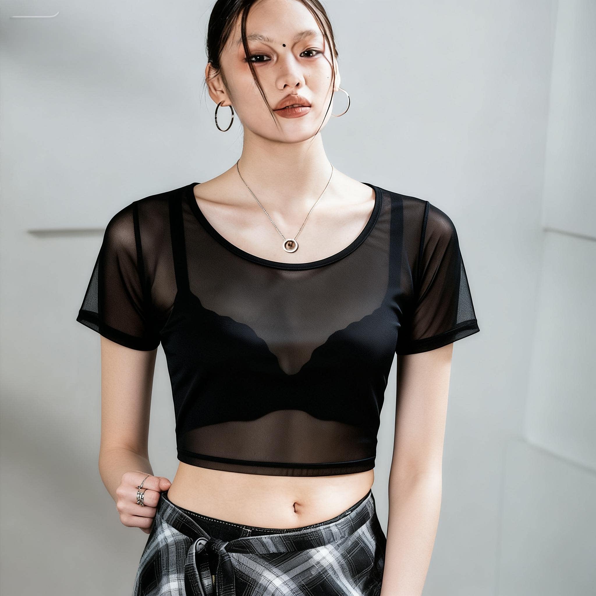 辣妹风透明网纱短袖T恤女夏季薄款修身透视打底衫女黑色短款上衣