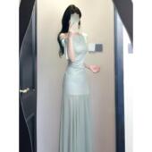 法式 气质绝美收腰包臀长裙 2026新款 绿色露肩网纱连衣裙子女装 夏季