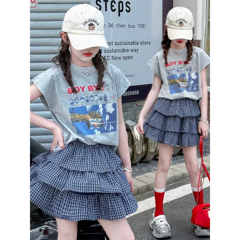 女童夏季美式复古套装2026新款大童短袖t恤格子蛋糕半身裙两件套