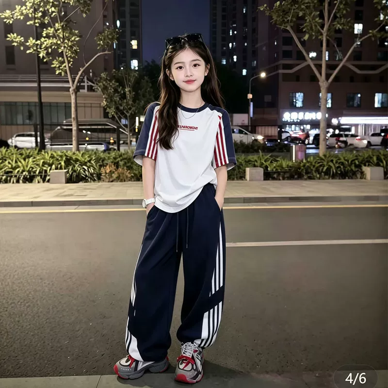 女童套装夏季2026新款女孩时髦爆款潮酷短袖T恤中大童长裤两件套