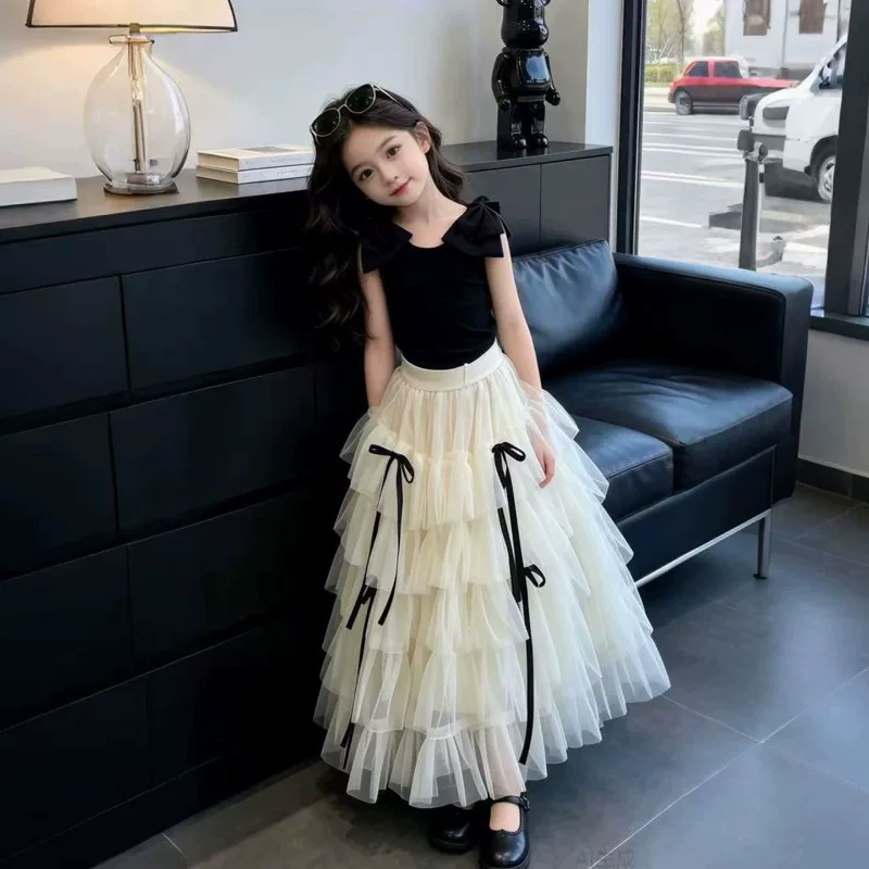 女童美式蝴蝶结蛋糕裙套装2026夏装儿童高级感黑色短袖过膝长纱裙