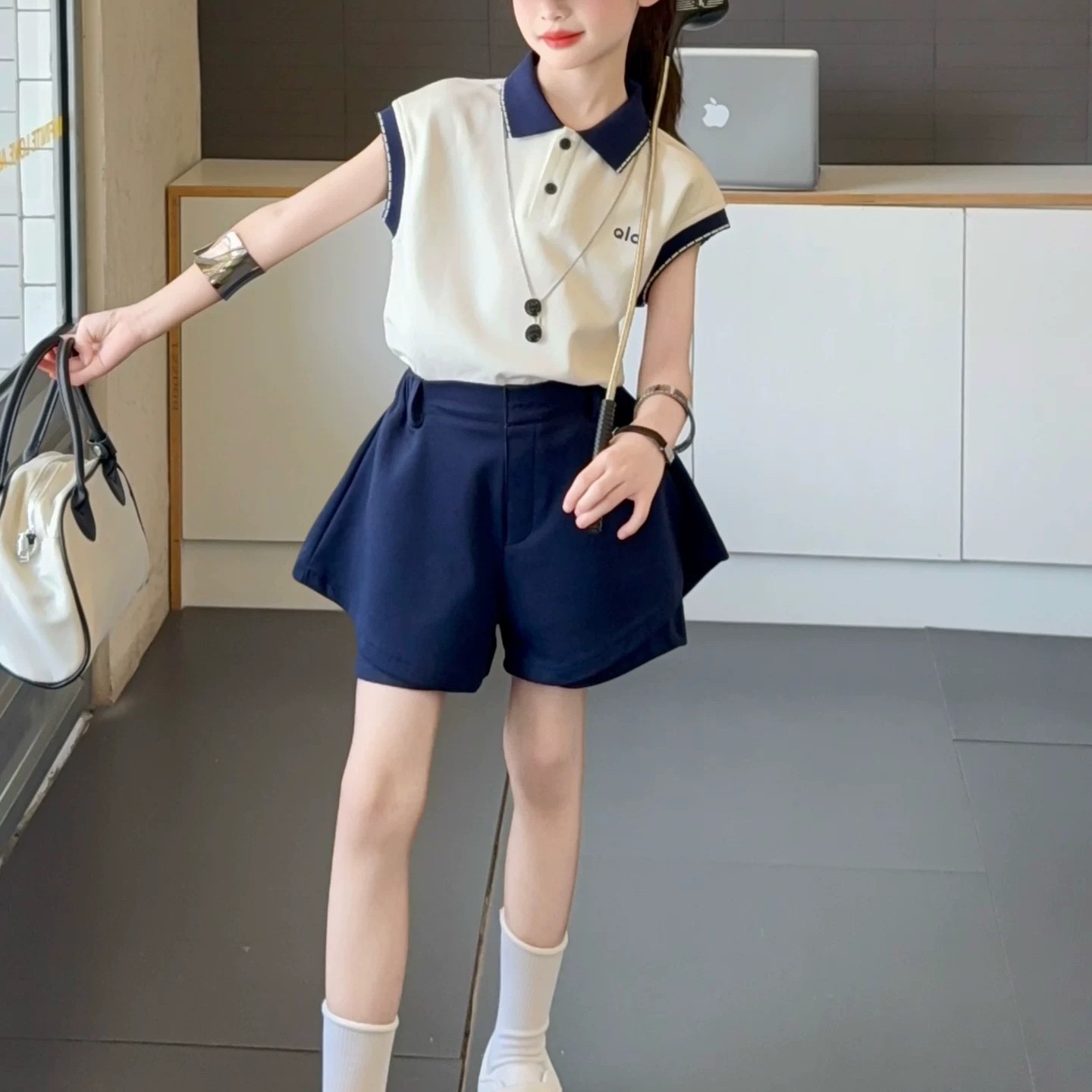 女童韩版炸街运动套装夏季2026新款儿童polo短袖t恤短裤裙两件套9