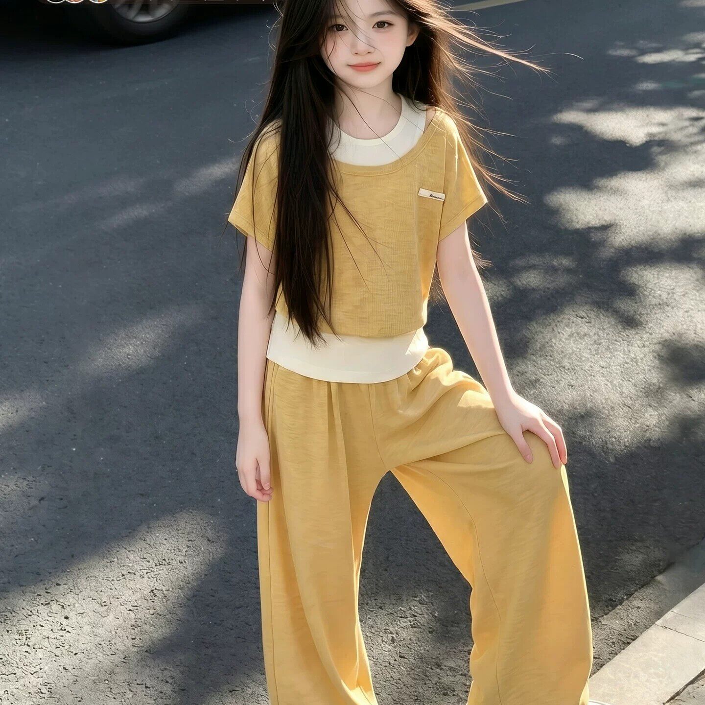 女大童夏套装2026新款儿童巨好看假两件短袖初中生韩系穿搭两件套图片