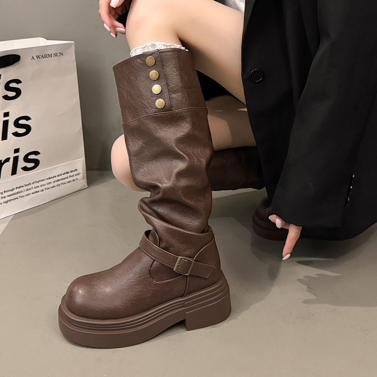 真皮复古英伦风粗跟厚底长筒靴女2025新款秋冬季显瘦长靴骑士靴子