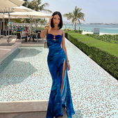 Ahagaga 气质复古印花吊带荡领长裙辣妹性感开叉收腰欧美连衣裙女